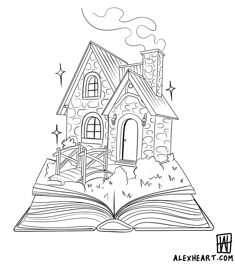 Original Magical Book Cottage - Neotrad tattoo design