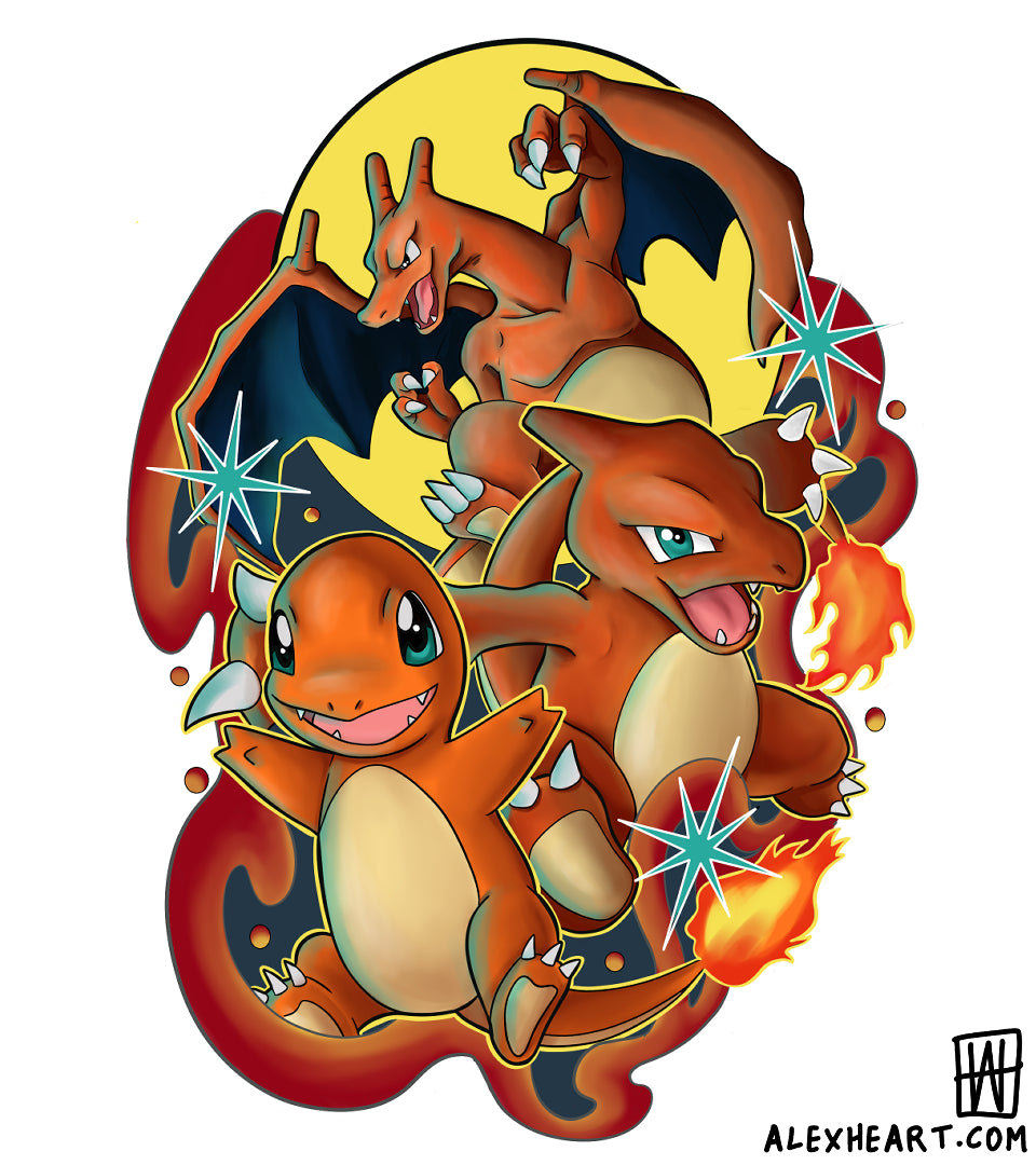 Charmander, Charmeleon, Charizard Evolutions from Pokemon - Anime tattoo design