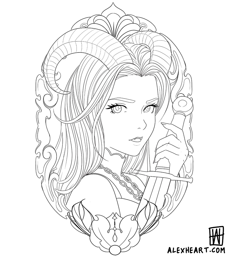 Original horned girl - Neotrad Anime tattoo design